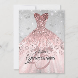 Invitation Robe Rose d'argent en or papillon Quinceanera
