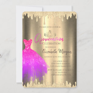 Invitation Robe rose,Diadème,Glitter gouttes d'or Quinceañera