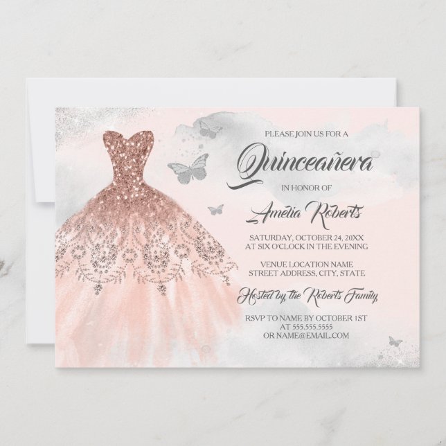 Invitation Robe Rose d'or en argent Aquarelle Quinceanera (Devant)