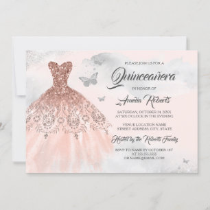 Invitation Robe Rose d'or en argent Aquarelle Quinceanera
