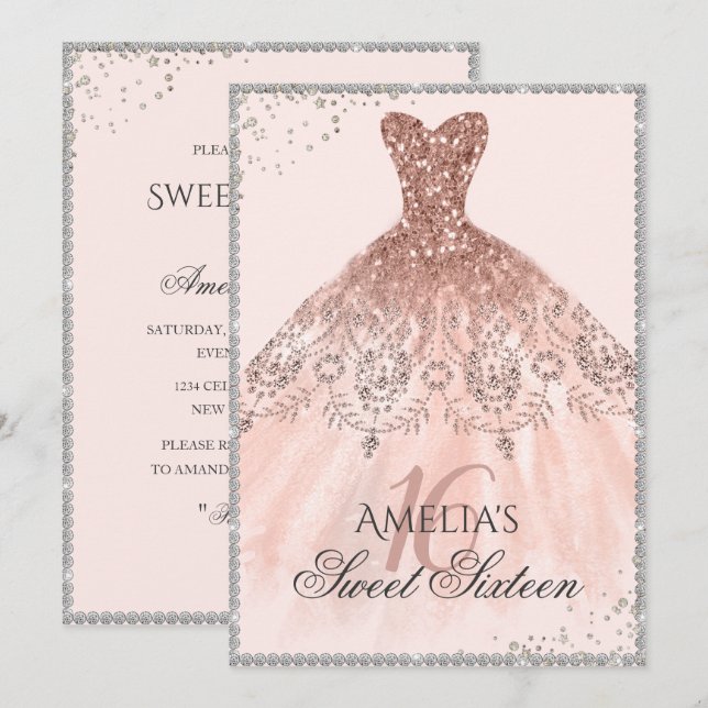 Invitation Robe Rose d'or en argent Étincelle 16e Sweet sixte (Devant / Derrière)