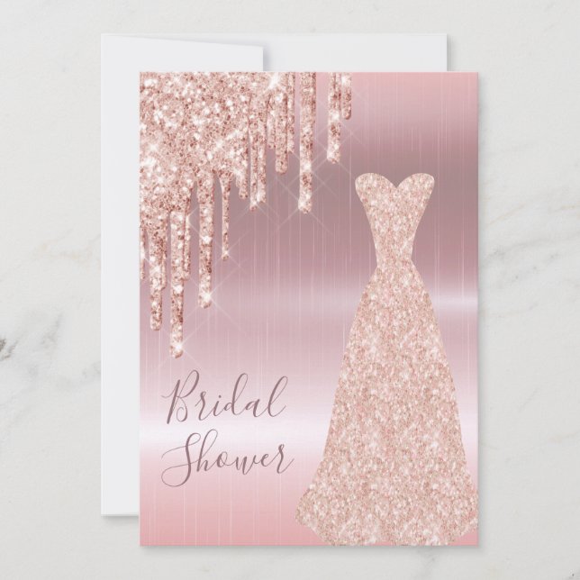 Invitation Robe rose dorée brillance brillant douche nuptiale (Devant)
