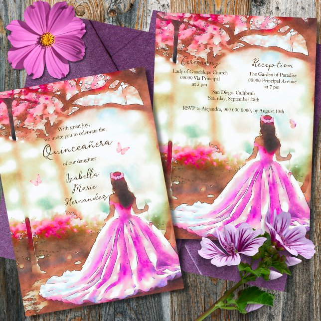 Invitation Robe rose élégant Aquarelle Jardin Quinceañera (Créateur téléchargé)