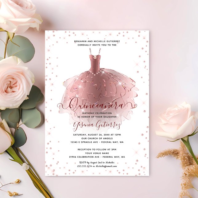 Invitation Robe Rose élégante Gold Diamond Quinceañera (Elegant Rose Gold Diamond Quinceañera Dress Invitation)