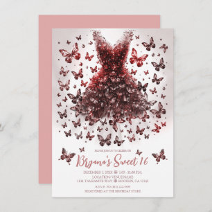 Invitation Robe rose en cristal d'or papillon