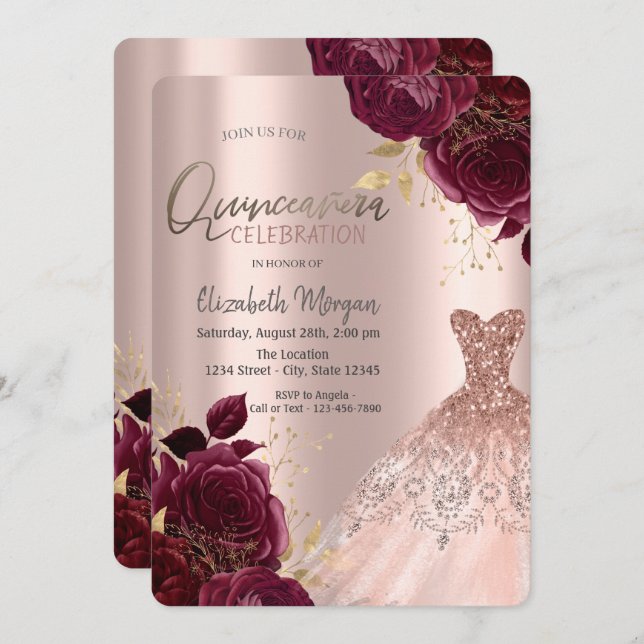 Invitation Robe Rose en or Fleurs Brarmdy Quinceañera (Devant / Derrière)