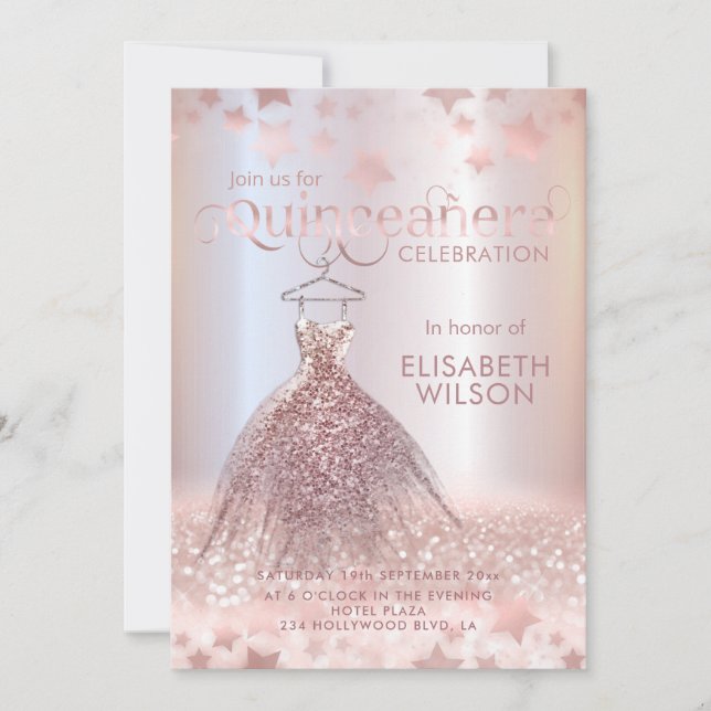 Invitation Robe rose en or gliteuse étoiles Quinceañera (Devant)