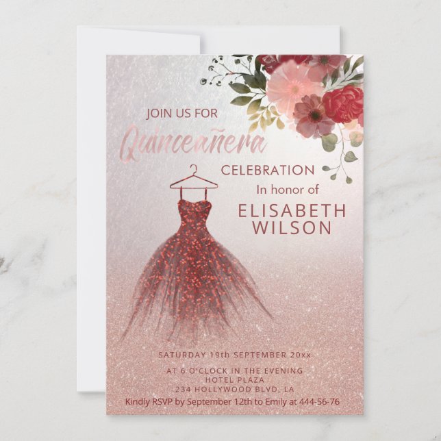 Invitation Robe rose en or glittery bordeaux Quinceañera (Devant)