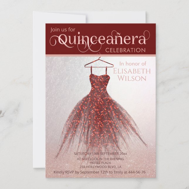 Invitation Robe rose en or glittery bordeaux Quinceañera (Devant)
