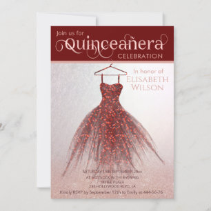 Invitation Robe rose en or glittery bordeaux Quinceañera