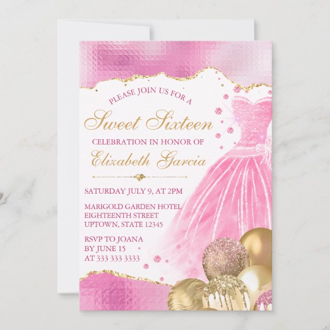 Invitation Robe rose et ballons pailletés or Sweet 16 (Devant)