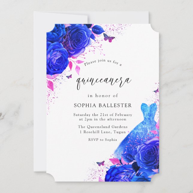 Invitation Robe rose et bleu Rose Quinceanera Party (Devant)