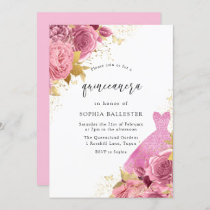 Invitation Robe rose et or étincelle Rose Quinceanera Party