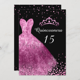 Invitation Robe rose et Quinceanera noire 15e fête d'annivers