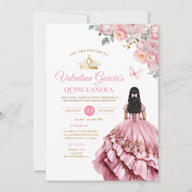 Invitation Robe rose fille Quinceañera 15 Anos Fleurs Or (Devant)