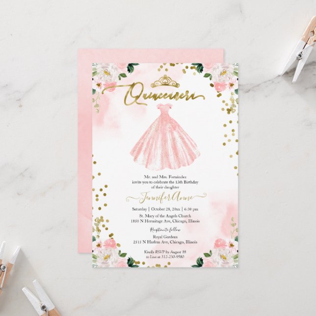 Invitation Robe Rose Fleurs Aquarelle Quinceanera (Devant/Arrière en situation)