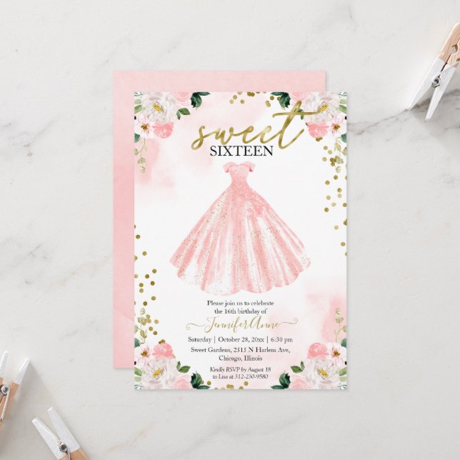 Invitation Robe rose fleurs aquarelle "Sweet 16" blush (Devant/Arrière en situation)