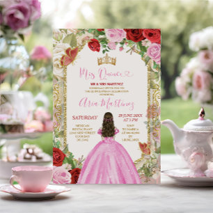 Invitation Robe rose Fleurs rouges Princess Gold Mis Quince