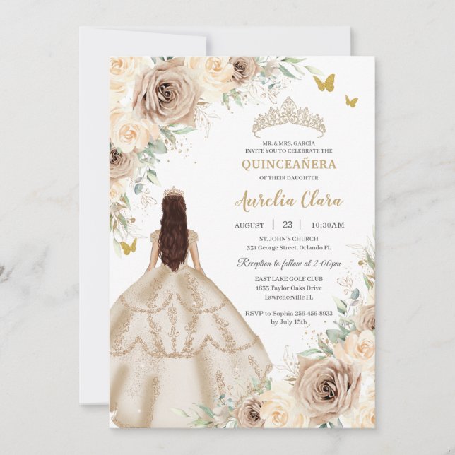 Invitation Robe Rose Florale Princess Quinceañera Champagne (Devant)