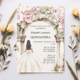Invitation Robe rose florales arche robe blanche Quinceanera