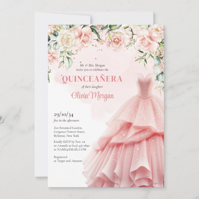 Invitation Robe rose formelle florale d'aquarelle unique (Devant)