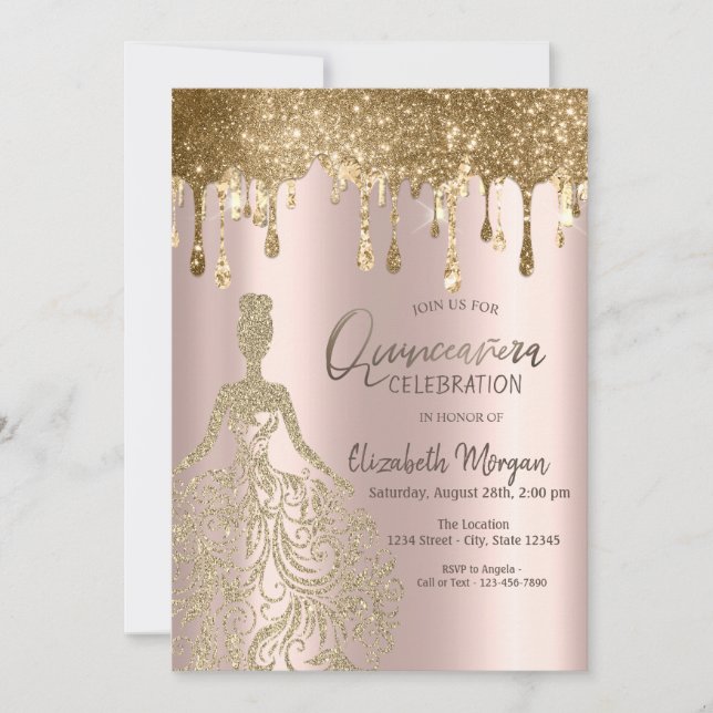 Invitation Robe Rose Gold Glitter Drips Quinceanera  (Devant)