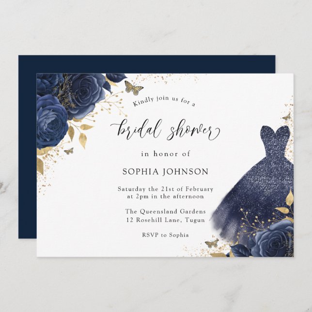 Invitation Robe Rose Gold & Navy Sparkle Fête des mariées (Devant / Derrière)
