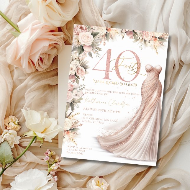 Invitation Robe Rose Gold Pailletée Fleurs 40e Anniversaire (Créateur téléchargé)