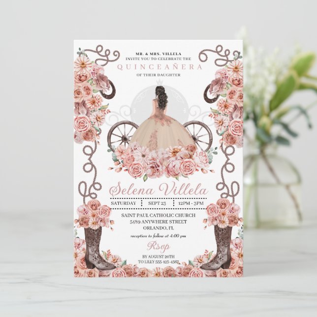 Invitation Robe rose Gold Princess & Bottes Quinceañera (Debout devant)
