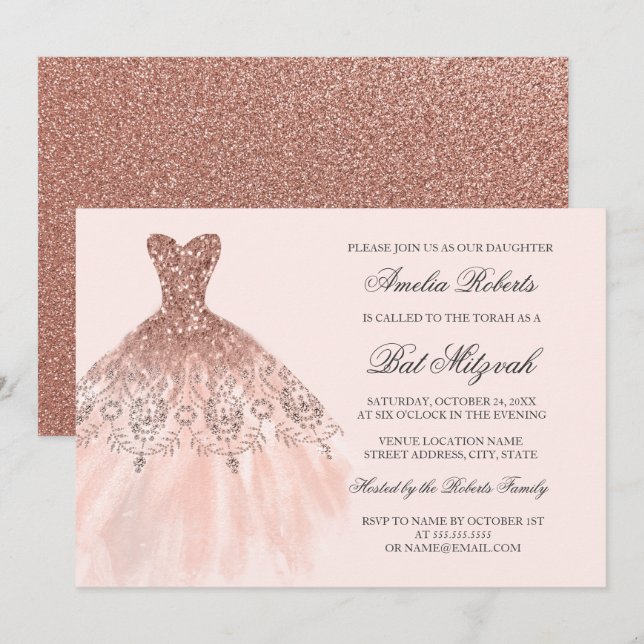 Invitation Robe Rose Gold Sparkle Bat Mitzvah (Devant / Derrière)