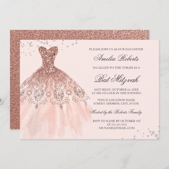 Invitation Robe rose Gold Sparkle Bat mitzvah Diamond (Devant / Derrière)
