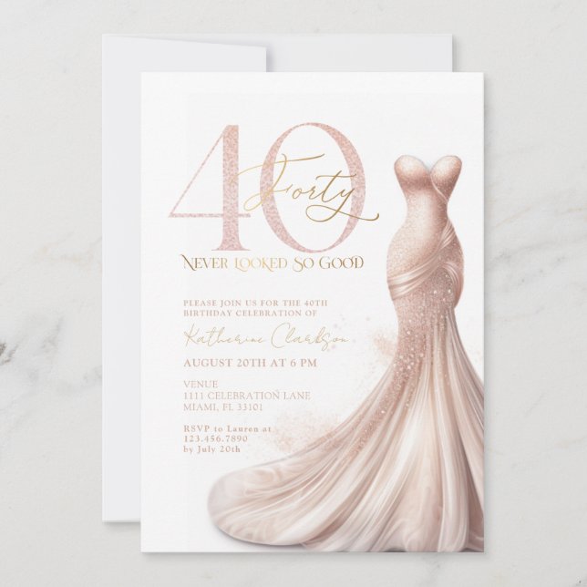 Invitation Robe rose Gold Sparkle Blush 40e fête d'anniversai (Devant)