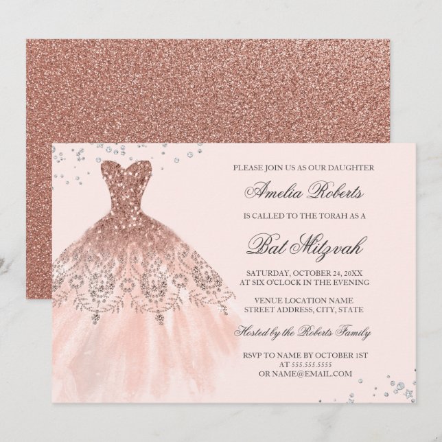 Invitation Robe Rose Gold Sparkle Diamant Bat Mitzvah (Devant / Derrière)