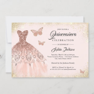 Invitation Robe rose Gold Sparkle Papillon Quinceanera