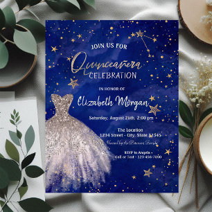 Invitation Robe Rose Gold Stars Galaxie Quinceañera