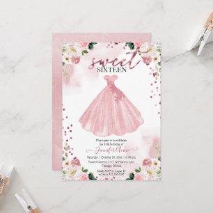 Invitation Robe Rose Gold Sweet 16 Fleurs Aquarelle Blush