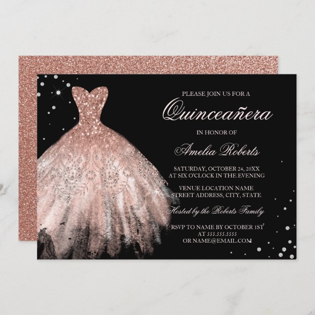 Invitation Robe Rose noir or étincelante Quinceanera Invitati