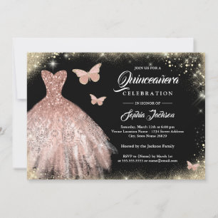 Invitation Robe Rose noire en or papillon Quinceanera
