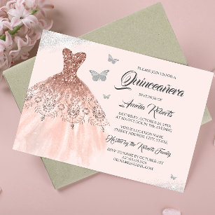 Invitation Robe Rose or argent étincelle Quinceanera