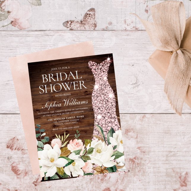 Invitation Robe rose or Blush White Rustic Fête des mariées (Créateur téléchargé)