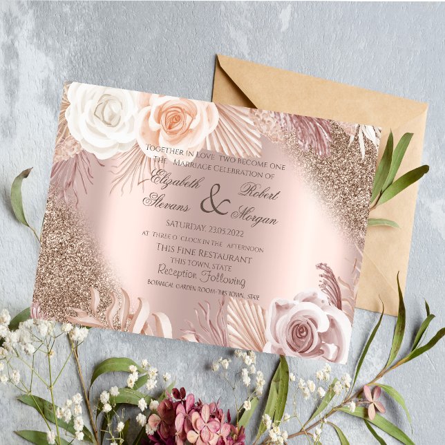 Invitation Robe rose or Boho Fleurs Mariage (Créateur téléchargé)