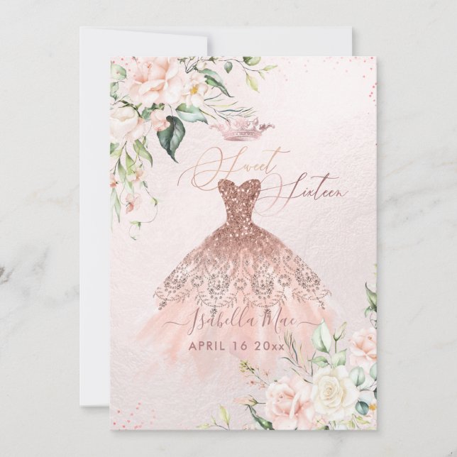 Invitation Robe rose or doux 16 Aquarelle bleu Fleurs (Devant)