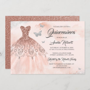 Invitation Robe rose or étincelante aquarelle Quinceanera
