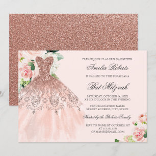 Invitation Robe rose or étincelante Bat mitzvah floral