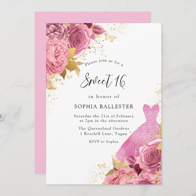 Invitation Robe rose & or Étincelle Rose Douce 16 Partie (Devant / Derrière)