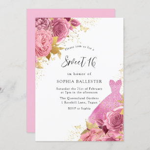 Invitation Robe rose & or Étincelle Rose Douce 16 Partie