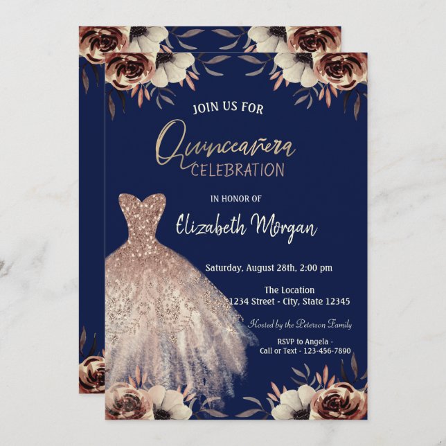 Invitation Robe rose or Fleurs Marine bleu Quinceañera (Devant / Derrière)