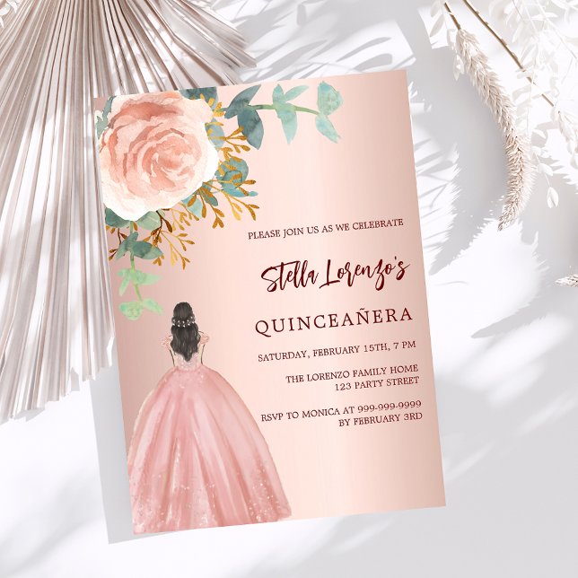 Invitation Robe rose or floral Quinceanera luxe (Créateur téléchargé)