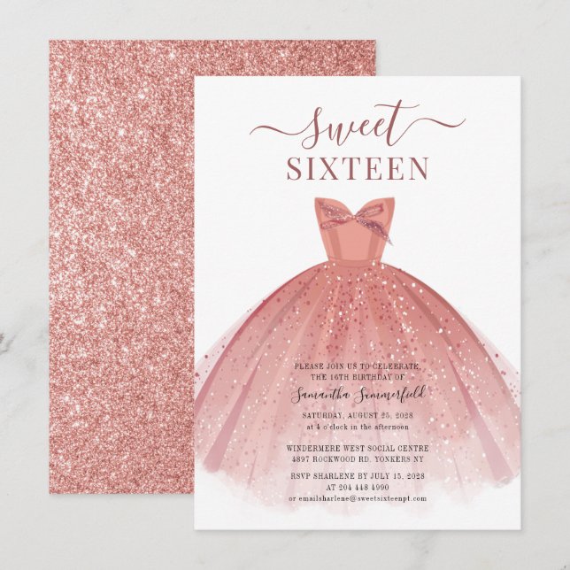 Invitation Robe rose or Parties scintillant douce 16 Annivers (Devant / Derrière)
