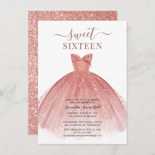 Invitation Robe rose or Parties scintillant douce 16 Annivers